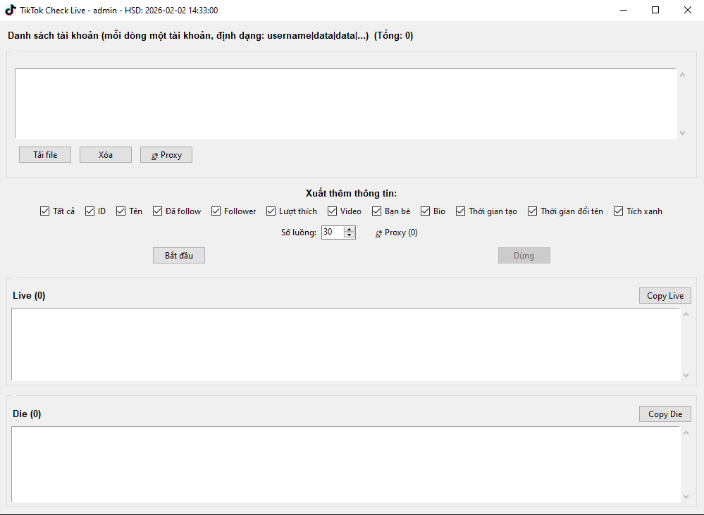 Tool check Live Die TikTok kèm thêm các thông số của kênh